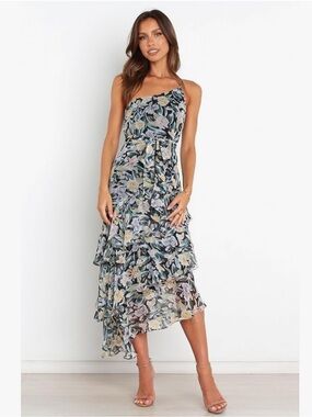 Amren Floral One-Shoulder Tiered Asymmetric Dress- size 10